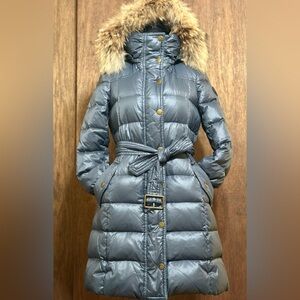 Burberry Metallic Gray Blue Puffer Jacket with Faux Fur Trim
